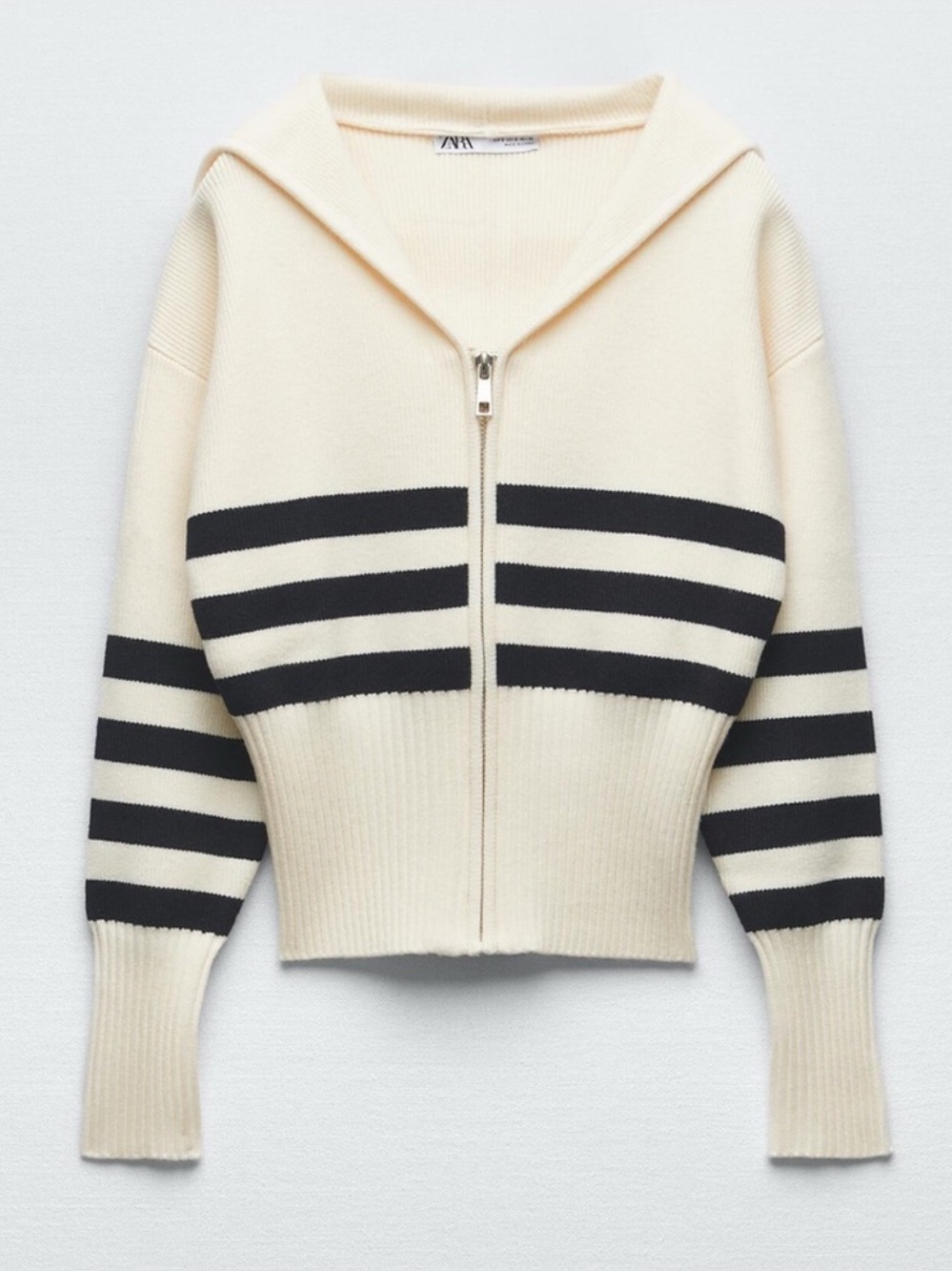 Zara Striped Knit Zip Sweater, Cream and black stripes